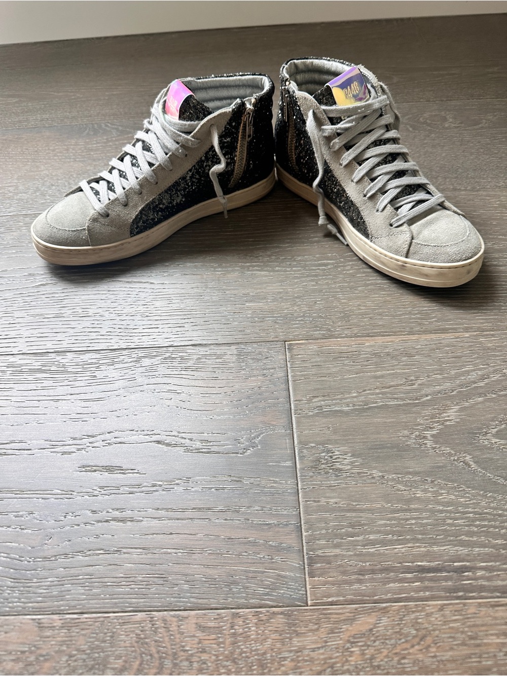 P448 Gray Suede and Glitter High-Top Sneakers